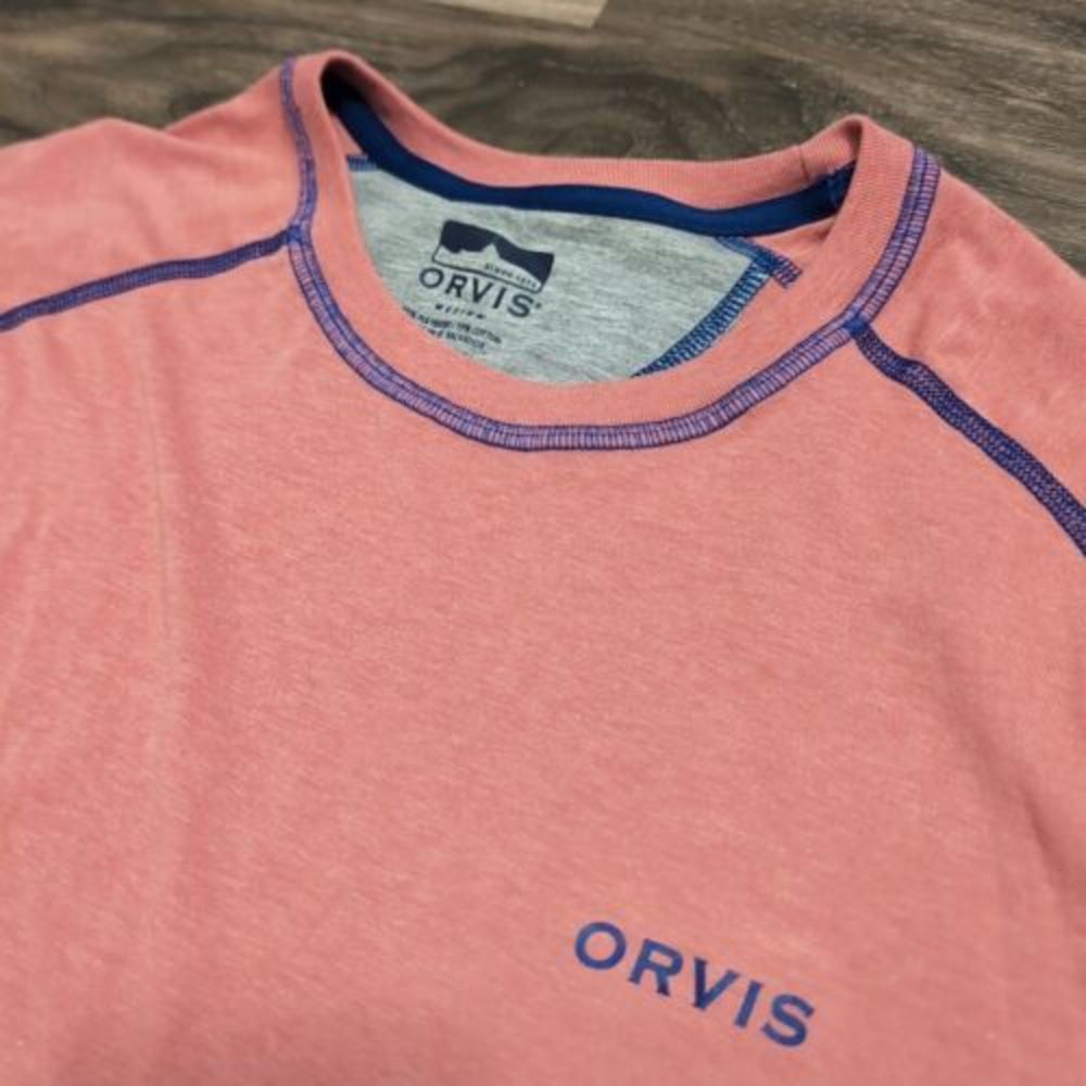 Orvis Dri release Tee Shirt short sleeve Men's M Samon Pink‎ Blue Stripes 24J